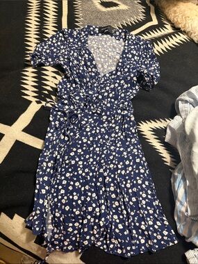 Navy Blue Floral Wrap Dress